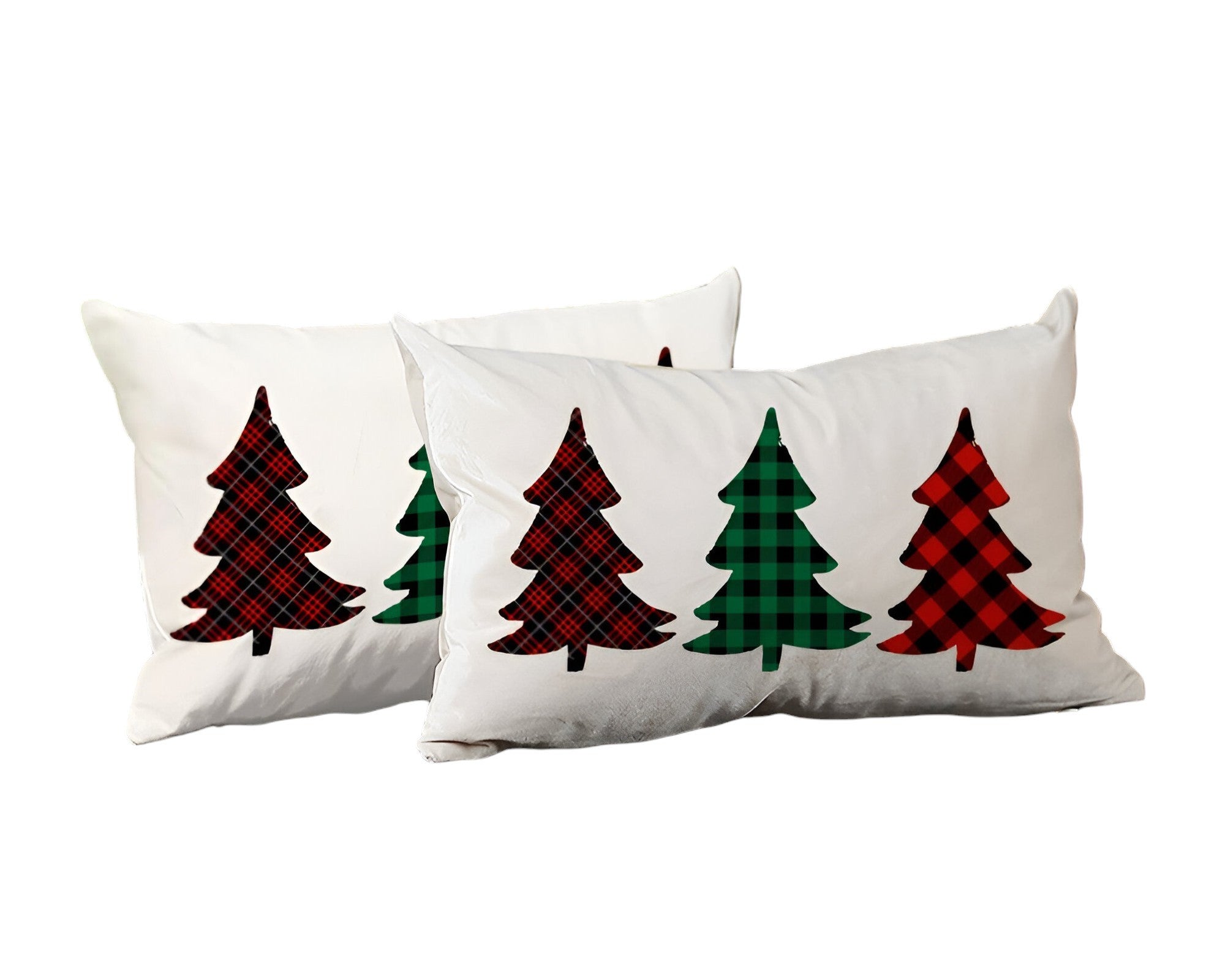 Set of 2 Christmas Tree Trio Plaid Lumbar Throw Pillows-1