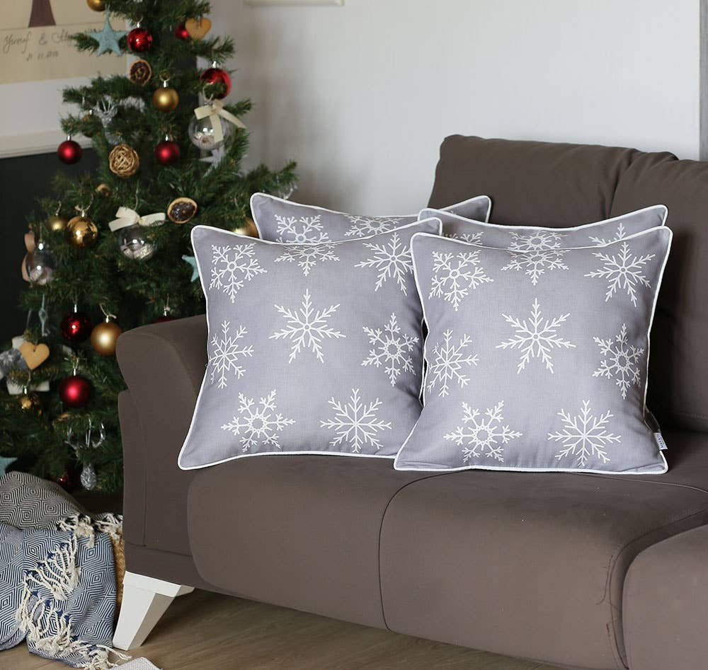Set of 4 Gray and White Snowflakes Throw Pillows-3