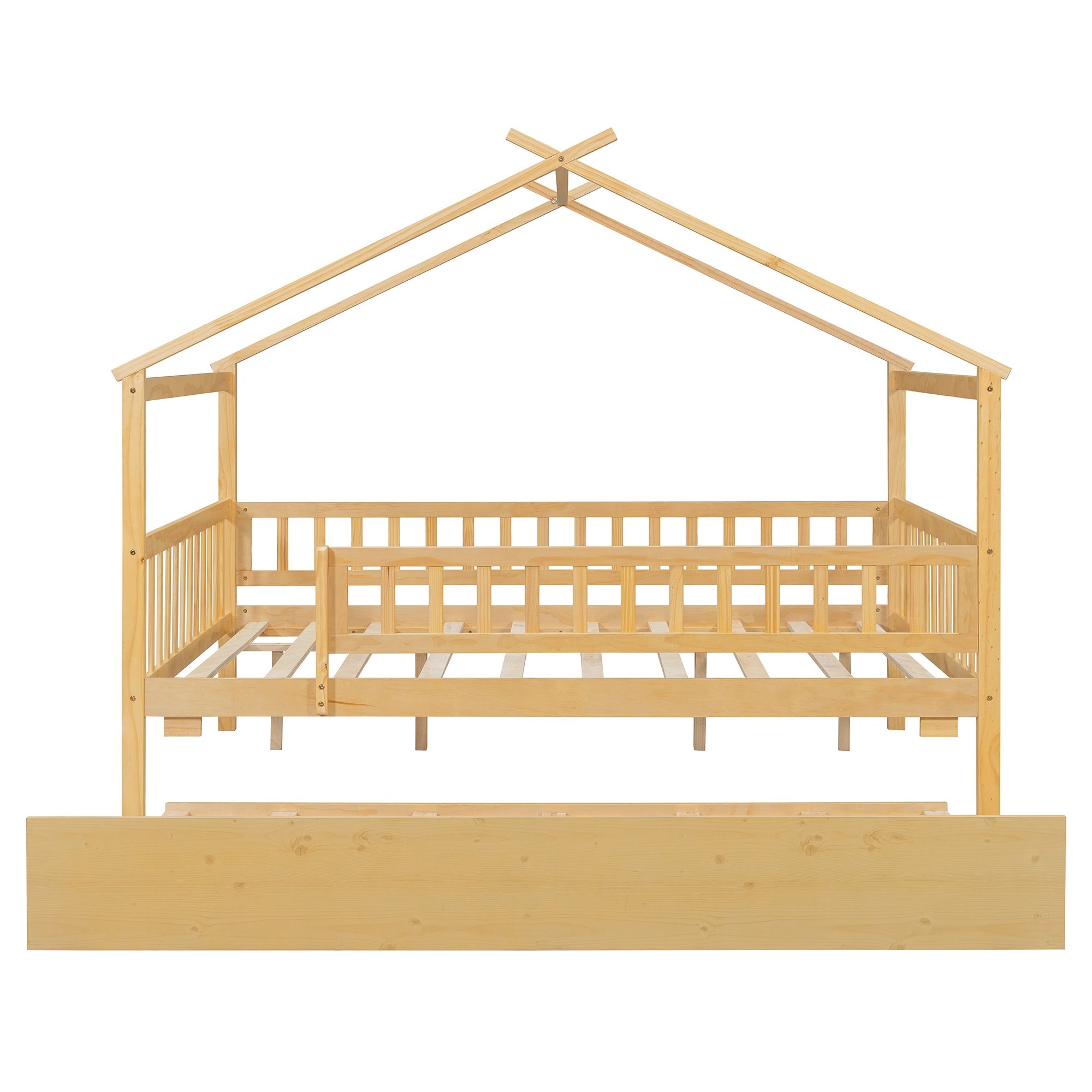 Full Size Wooden House Bed with Twin Size Trundle