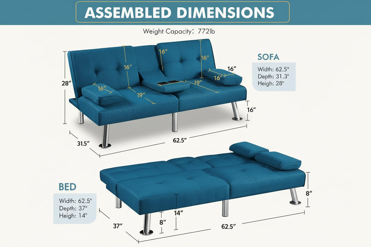 Blue sofa bed with assembly dimensions on a white background