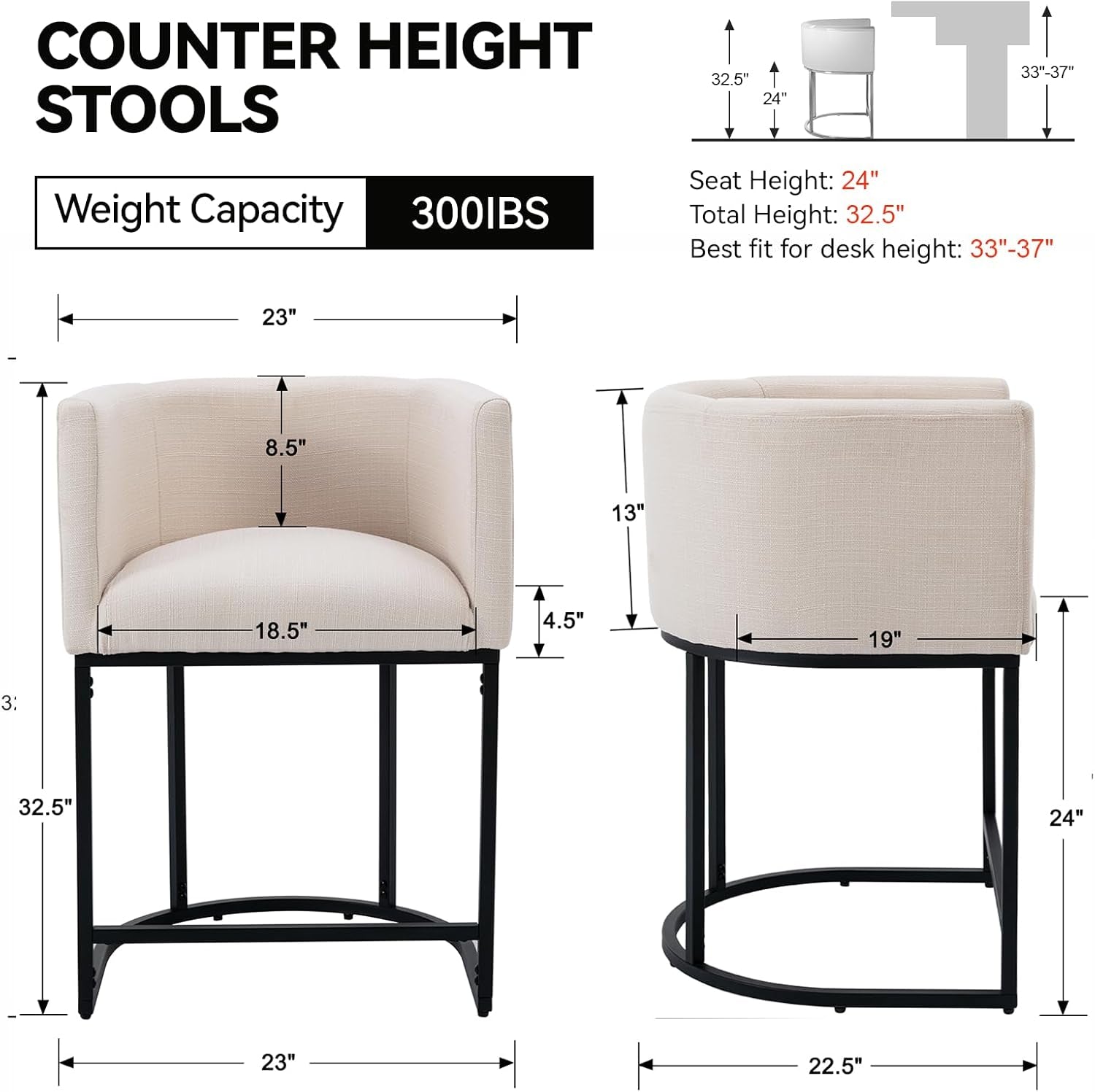Dimensions and specifications of counter height stools with weight capacity and dimensions.