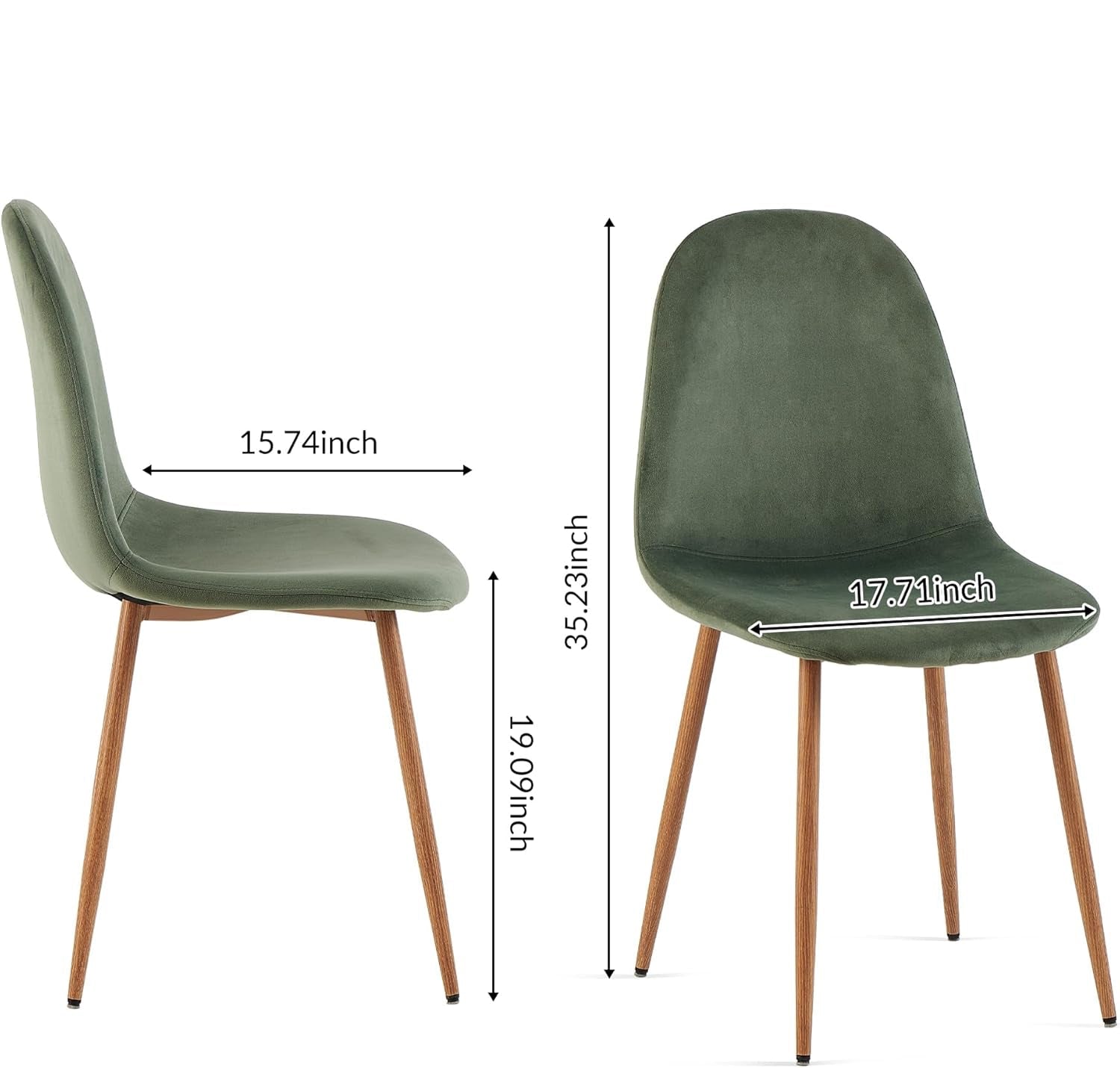 Green chair with measurements and weight capacity on a white background