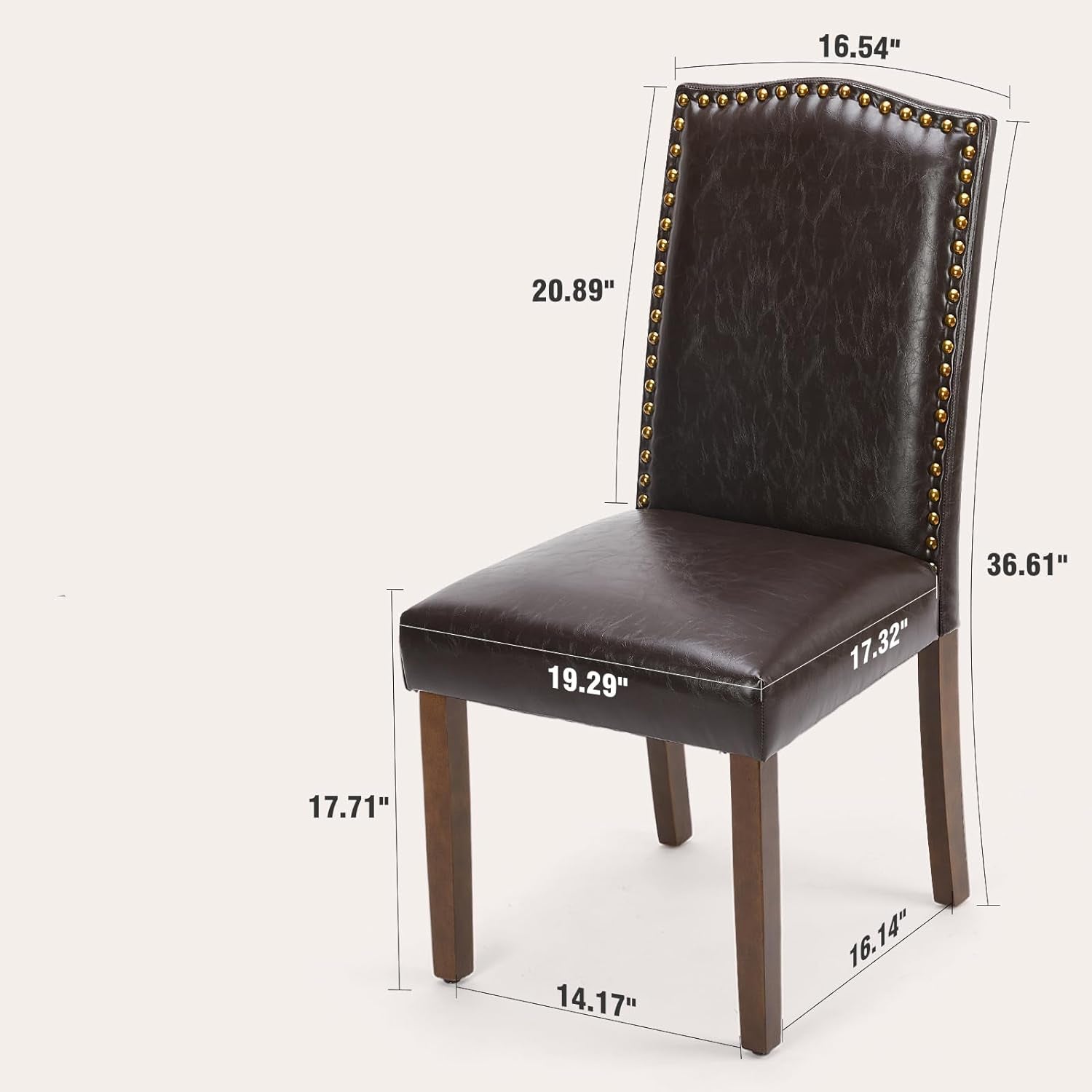 Brown leather chair with dimensions and weight label on a white background