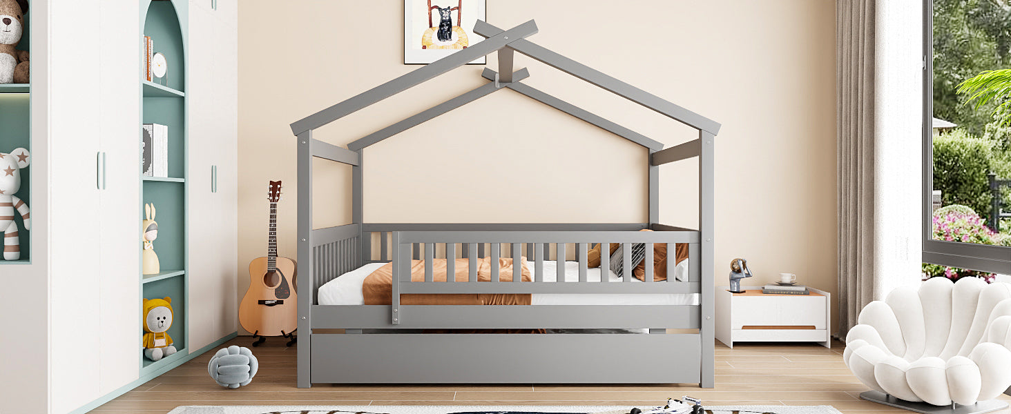 Full Size Wooden House Bed with Twin Size Trundle