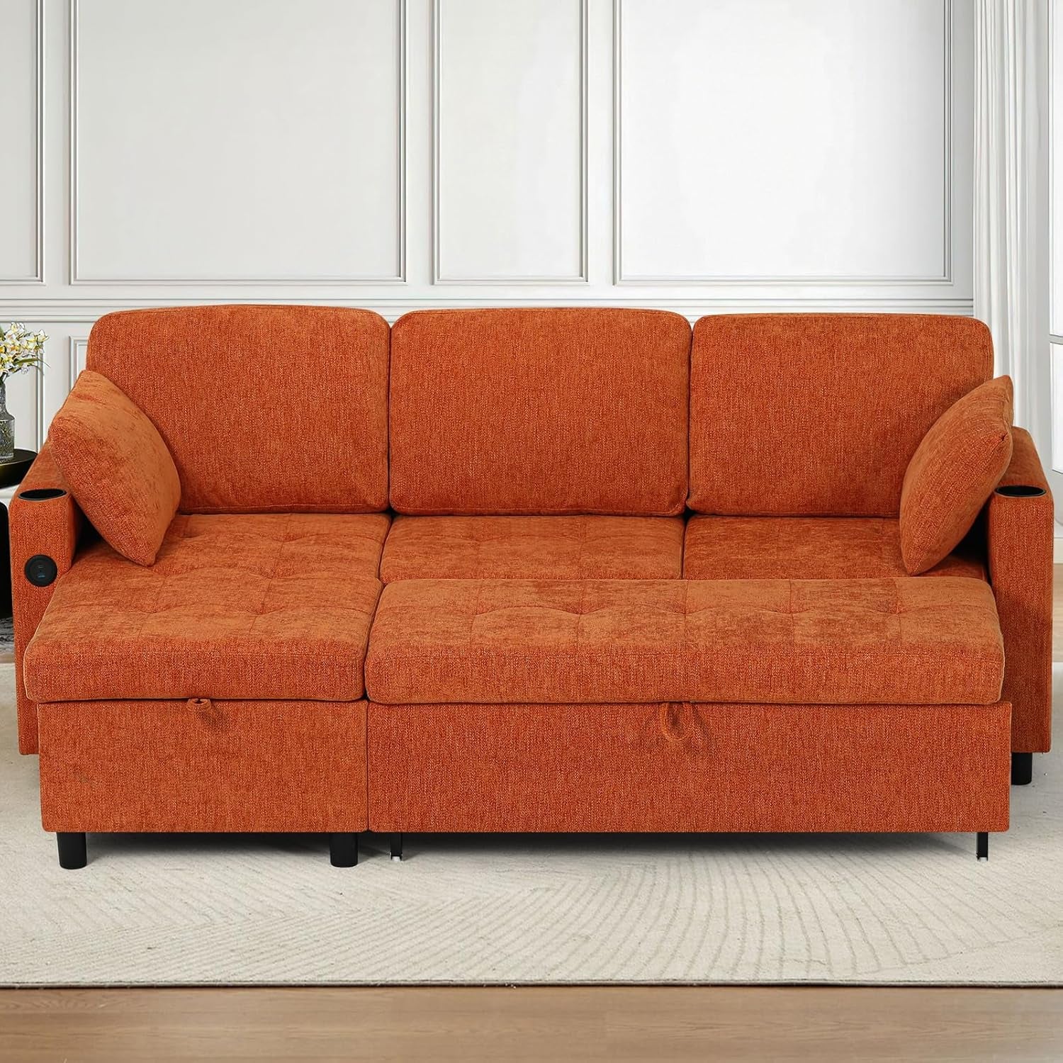 84Inches BrightOrange Chenille Pullout Sofa Bed USBPort-1