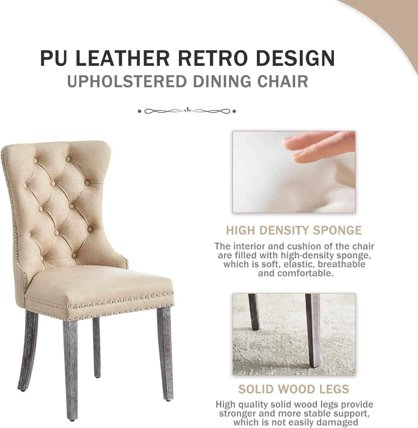 Beige upholstered dining chair with high-density sponge interior and solid wood legs on a white background.