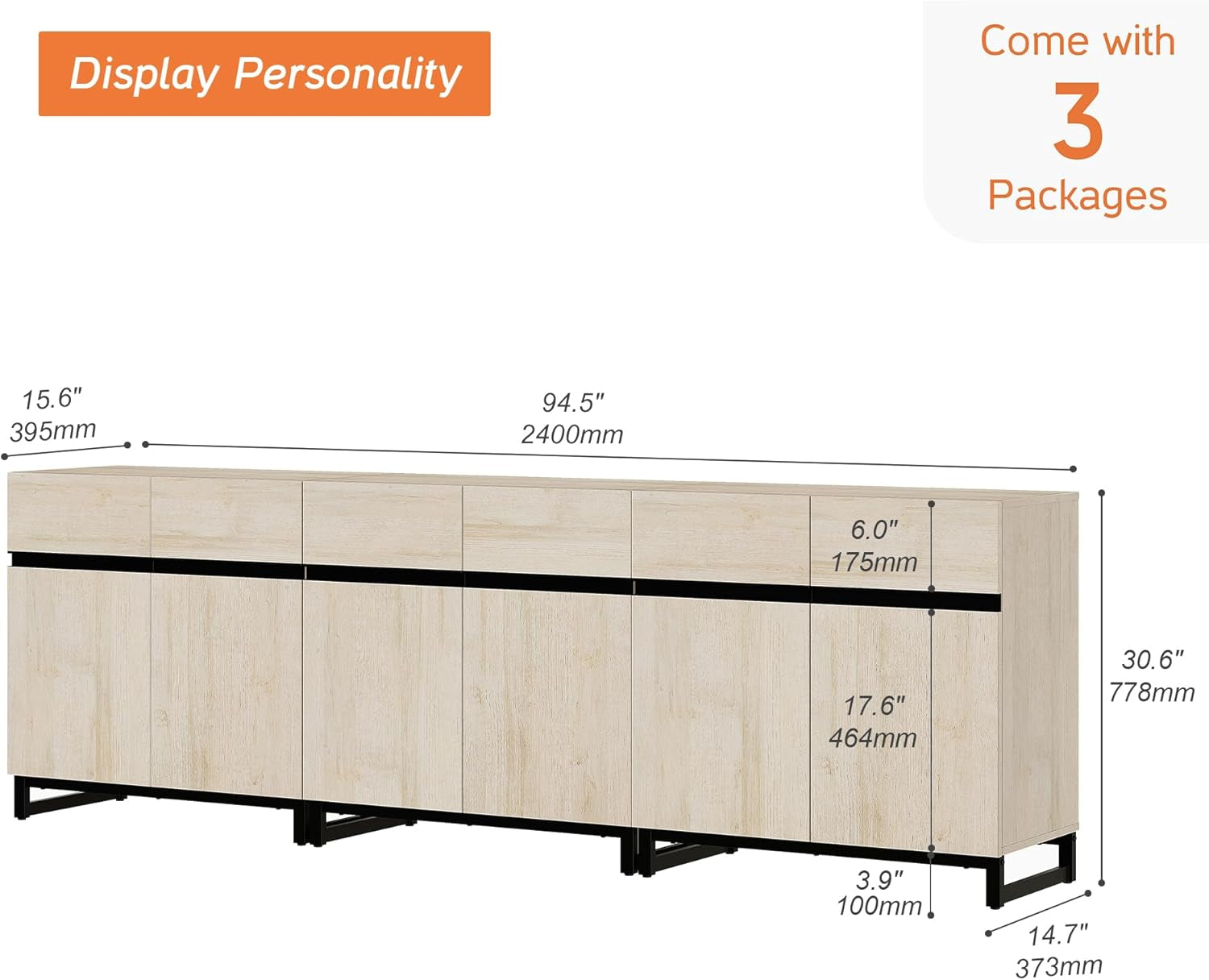Wooden sideboard with dimensions labeled on a white background