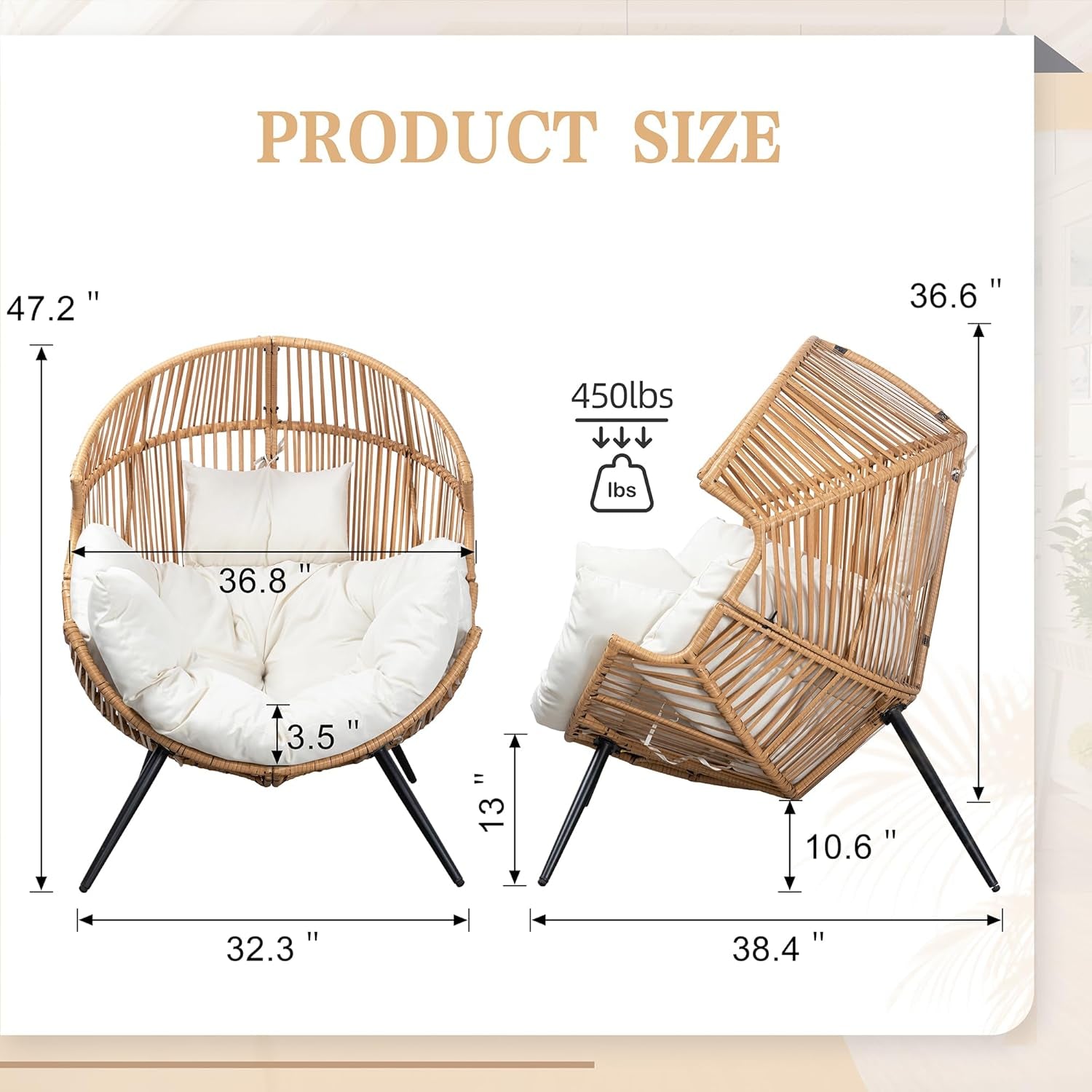 Dimensions of a wicker chair with white cushions on a beige background