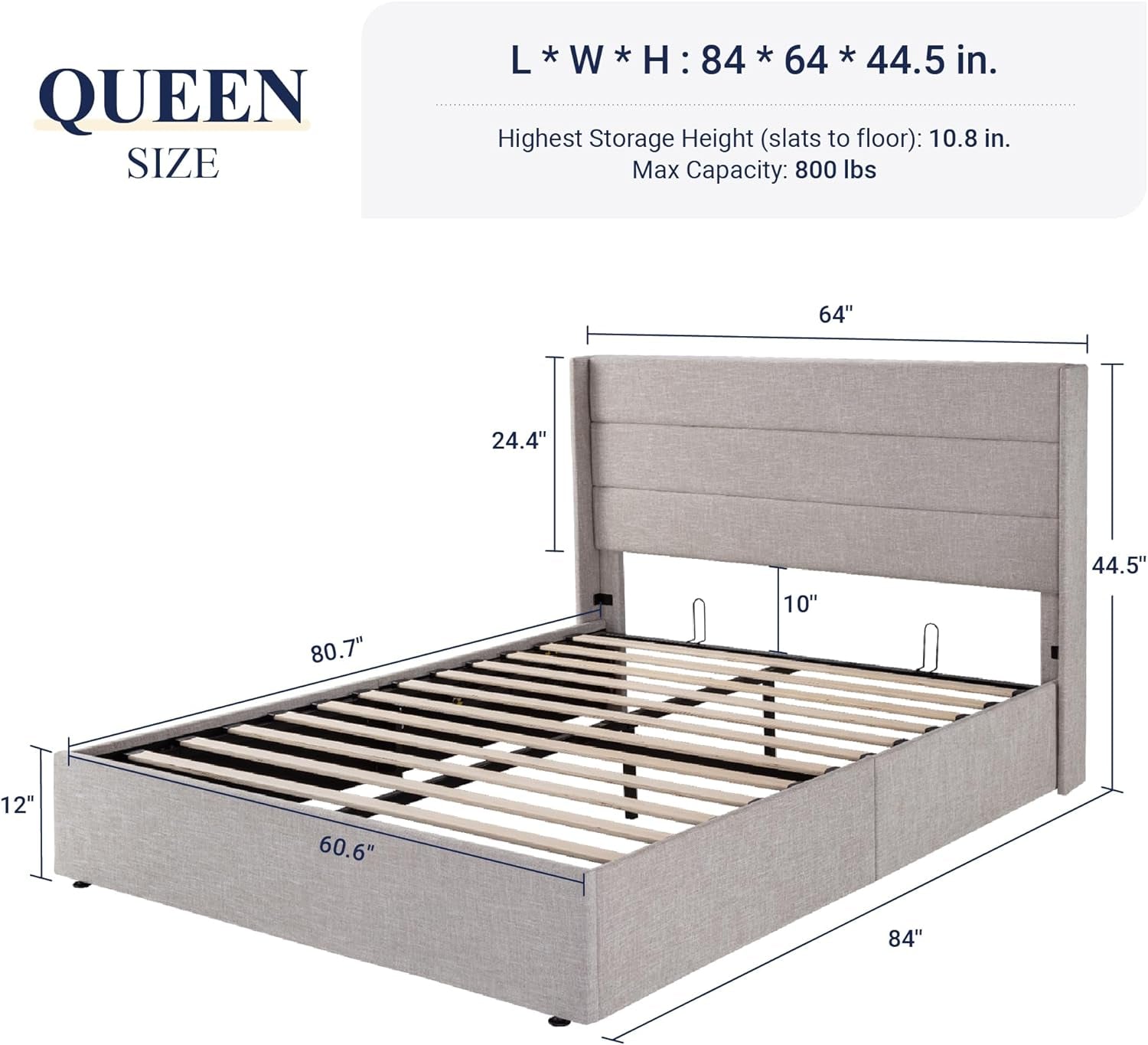 Gray queen size bed with dimensions labeled on a white background