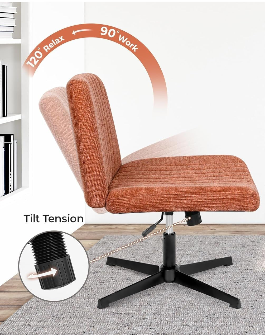 Brown office chair with rocking mode features and usage scenarios.