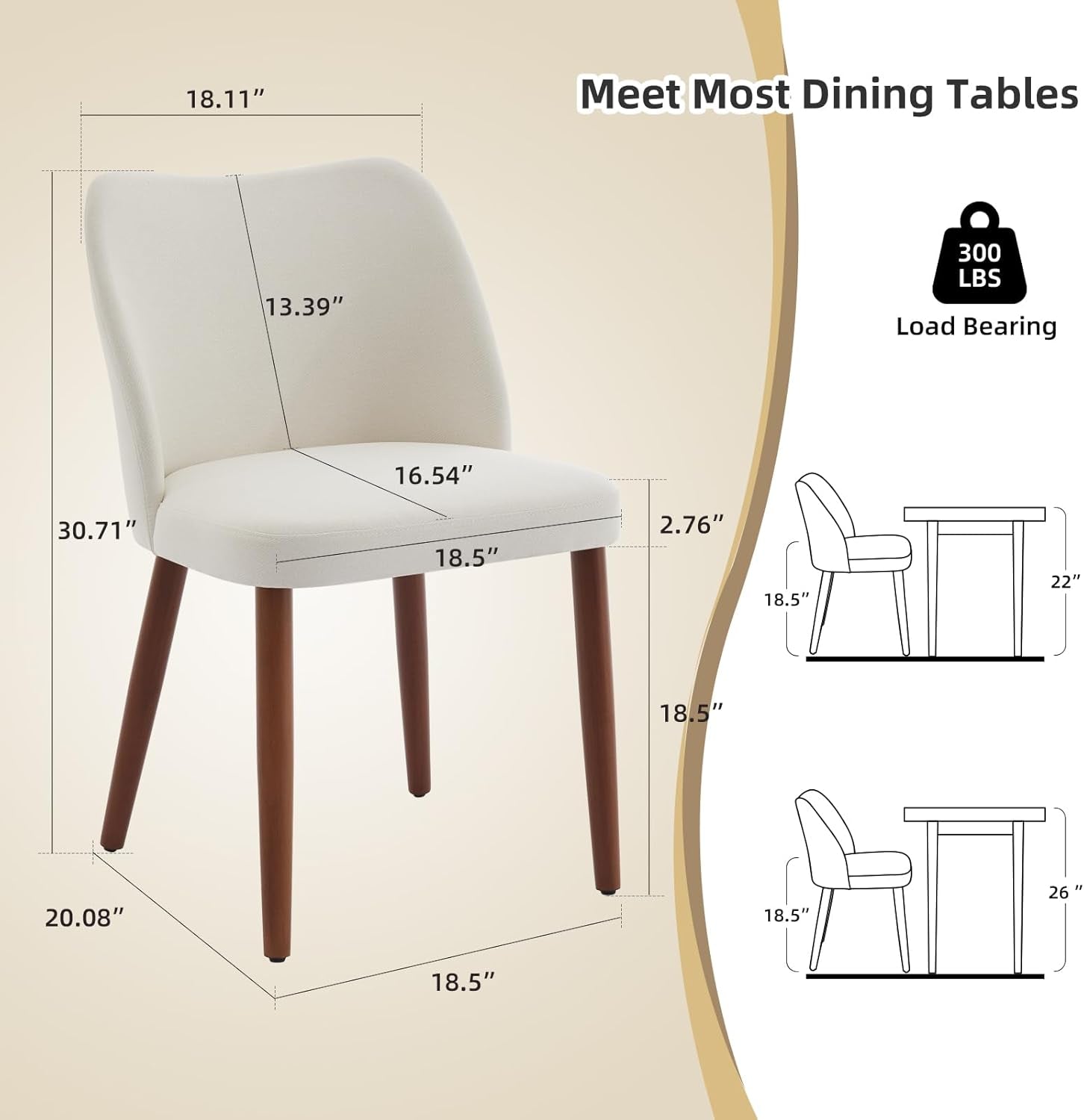 Measurement chart of a dining chair with dimensions and load-bearing capacity on a beige background.