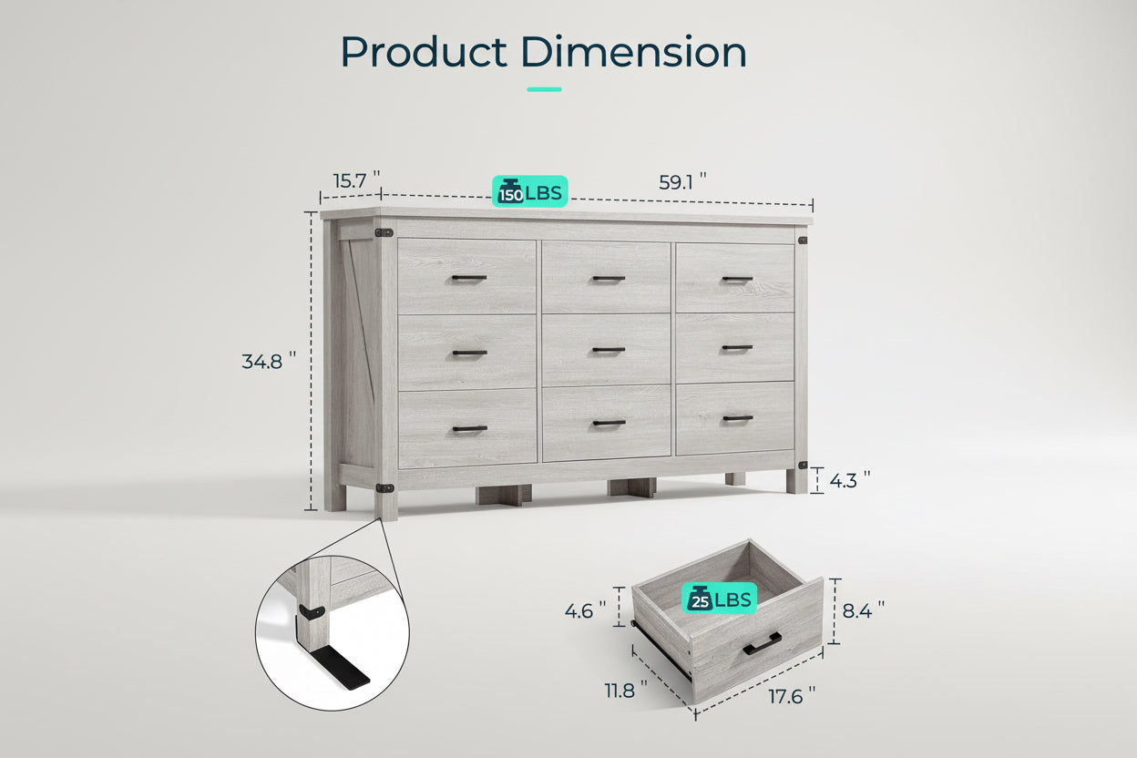 Gray dresser with dimensions and weight capacity labeled