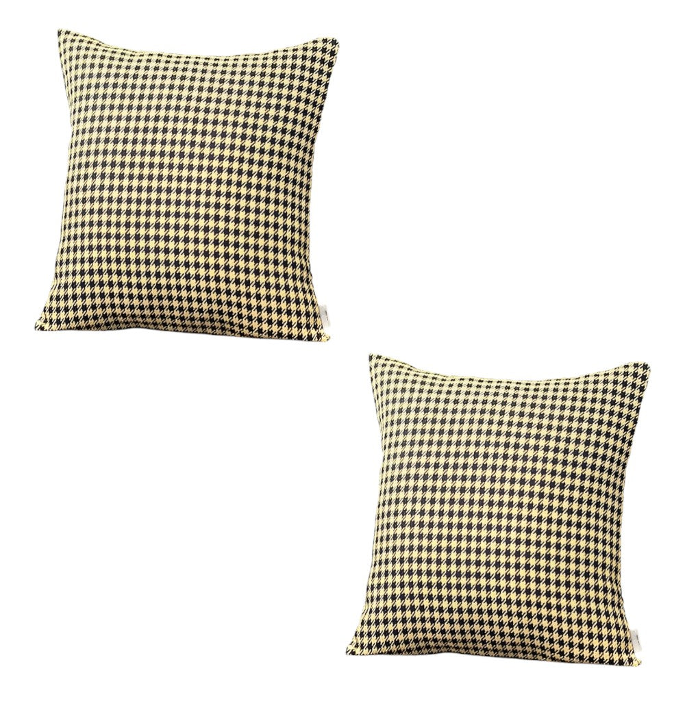 Set of Two 18" Yellow and Black Houndstooth Fabric Throw Pillows-1