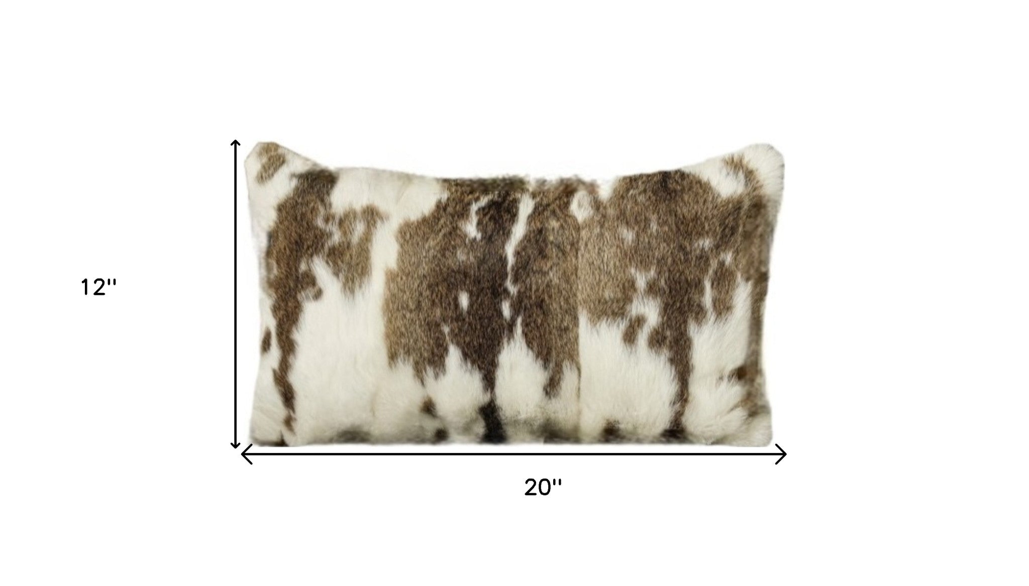 Cow print pillow with dimensions on a white background