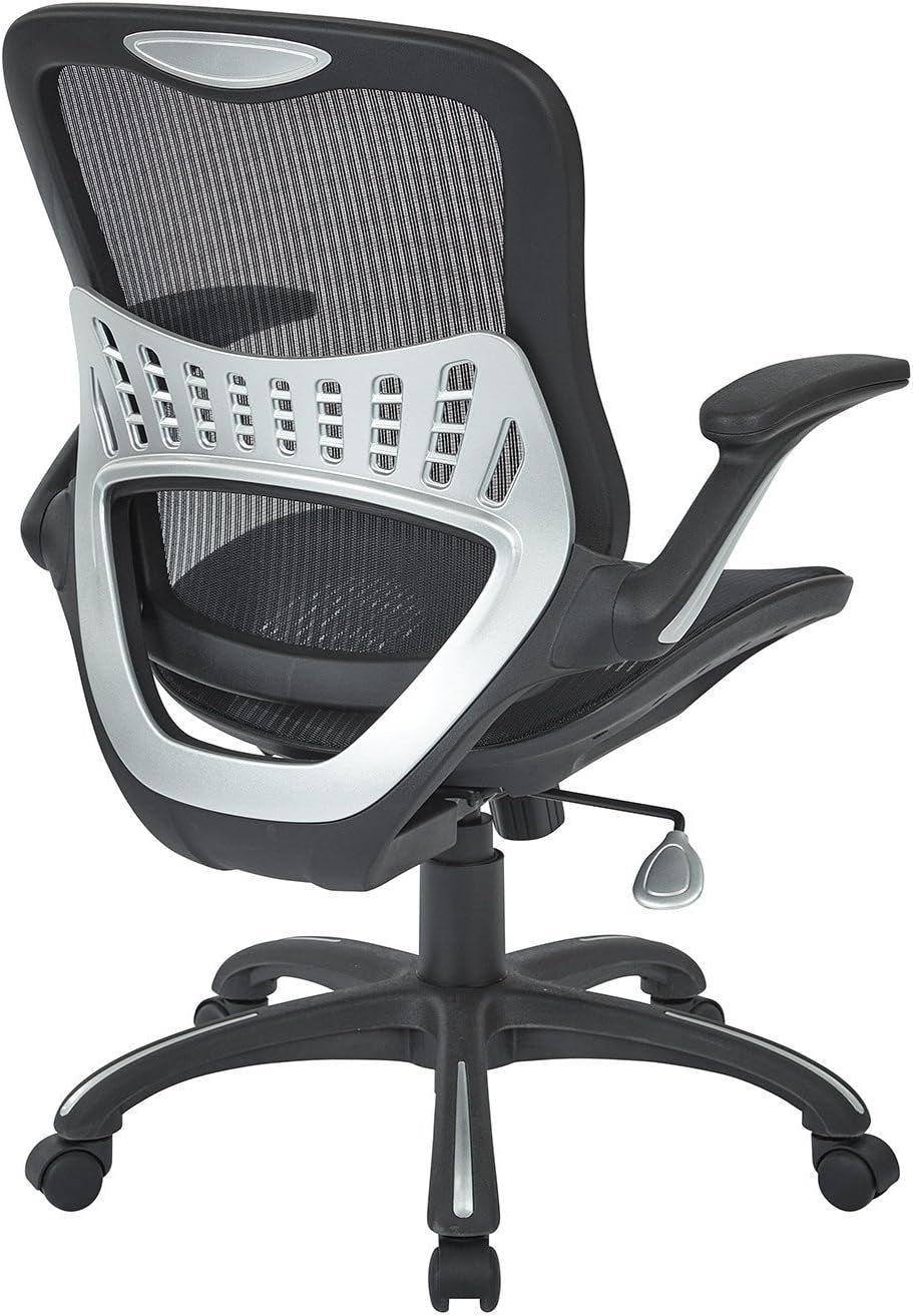 Black office chair with mesh backrest on a white background