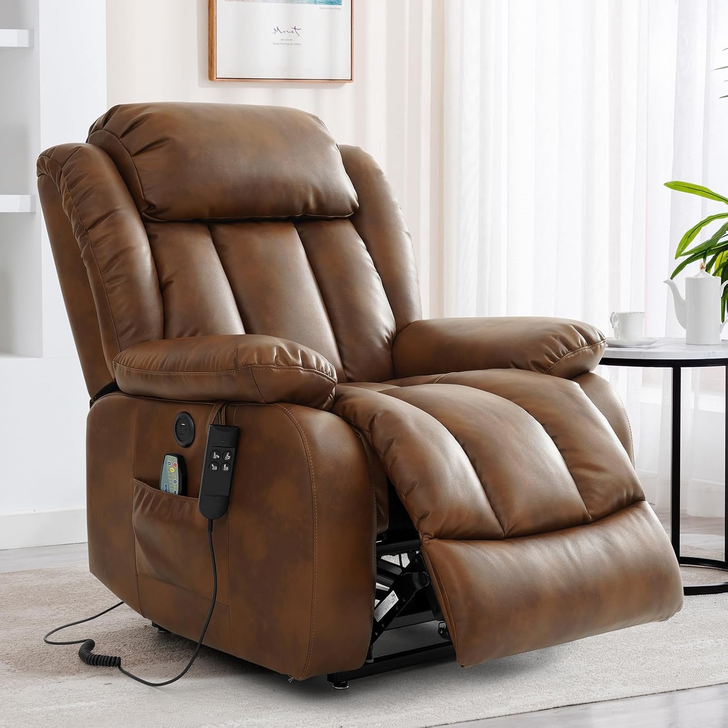 Dual Motor Large Power Lift Recliner Chair Recliners for Elderly, Infinite Position Recliner Chair with Heat and Massage, Breathable Leather(Ochre)-0