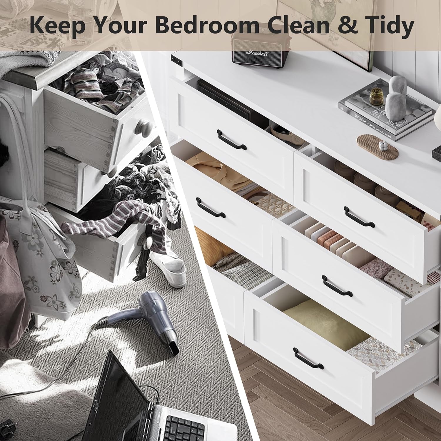 Before and after comparison of a bedroom with clutter and an organized dresser.