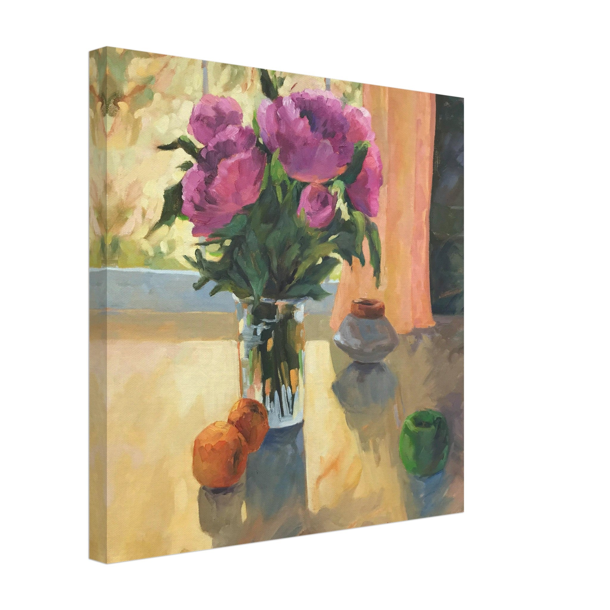 Canvas print of a still life scene with flowers and fruits on a table.