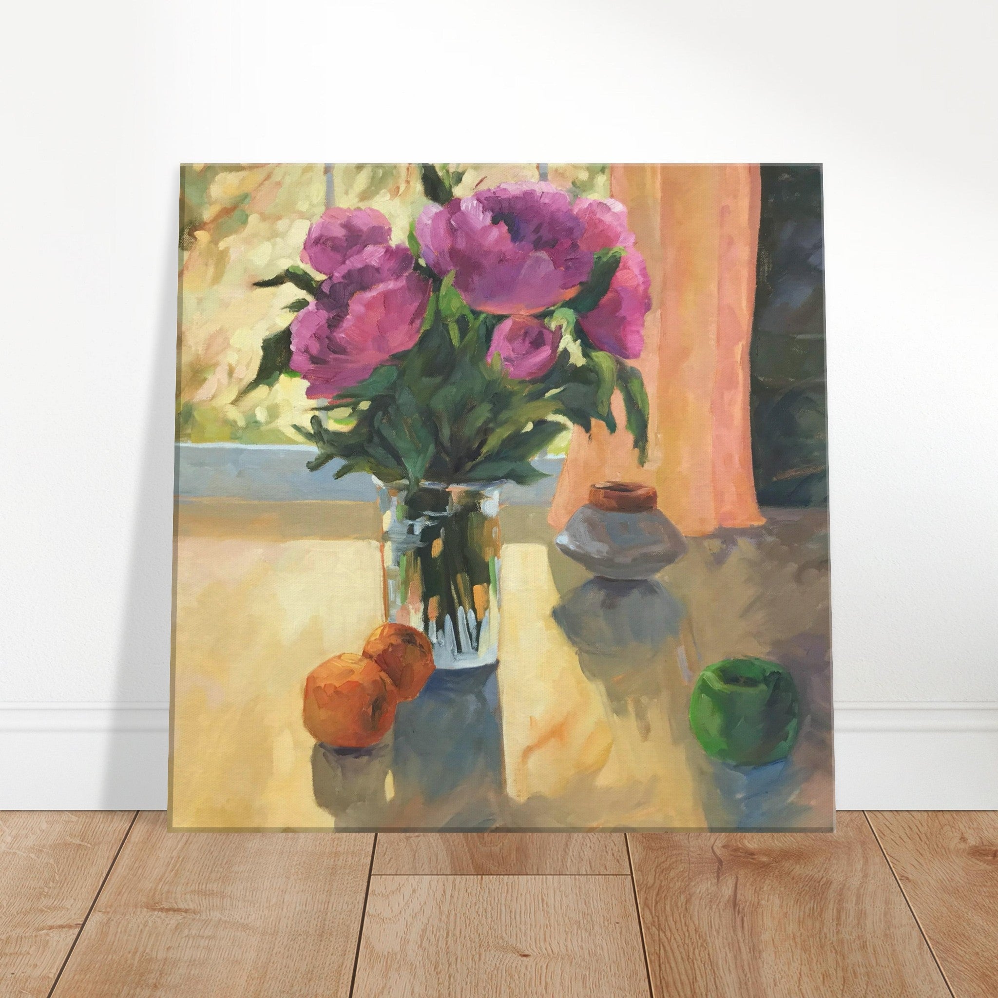 Painting of a still life with flowers and fruits on a table.