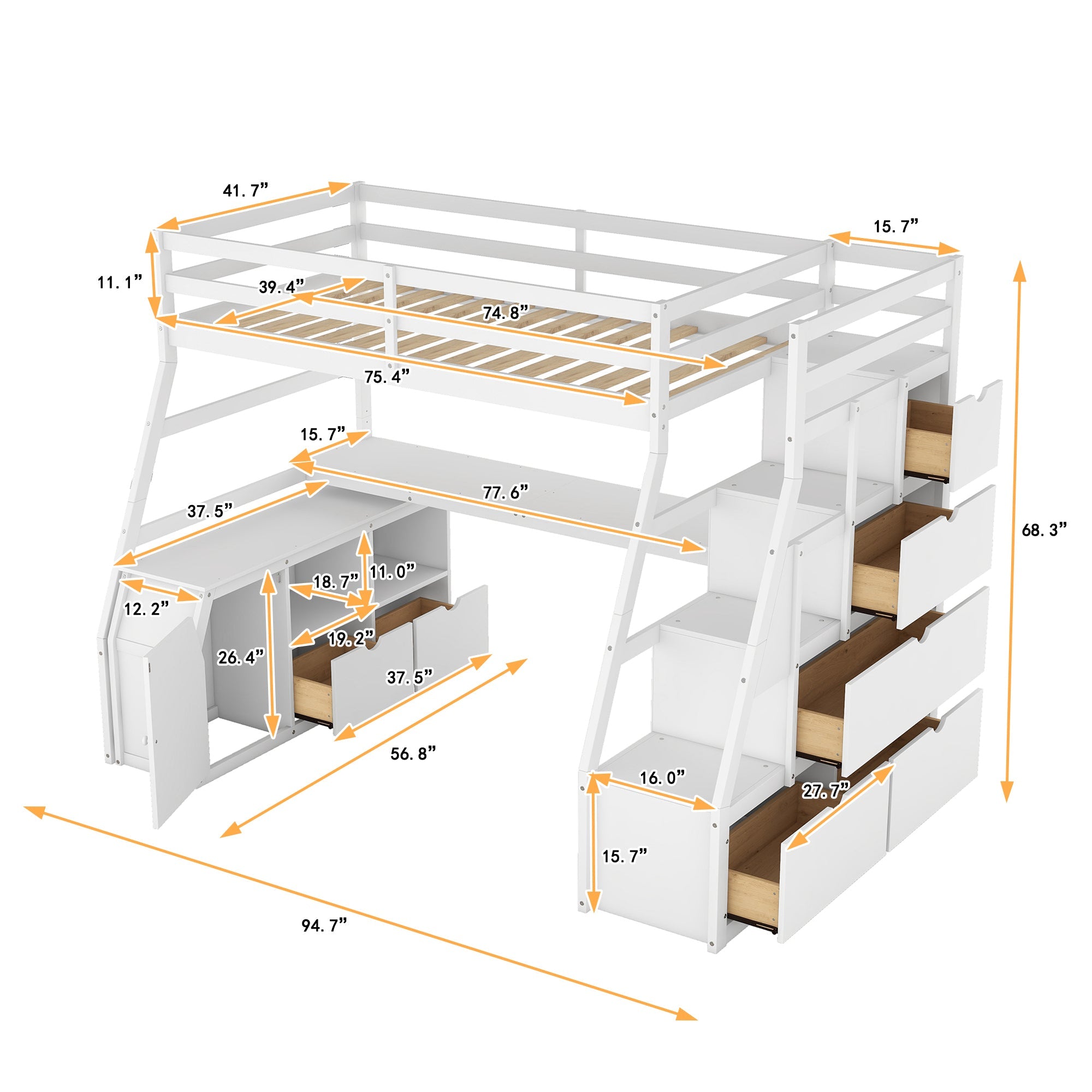 Twin Size Loft Bed with 7 Drawers 2 Shelves and Desk