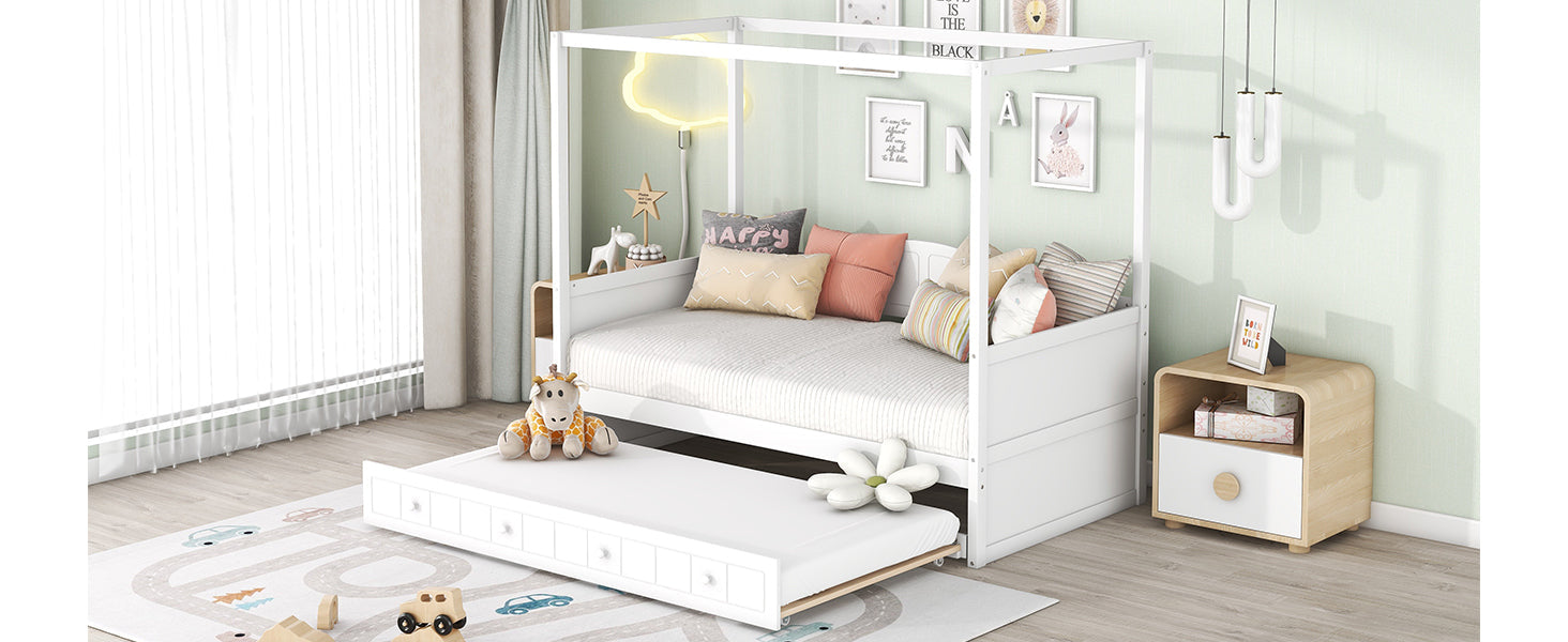 Twin Size Canopy Day Bed with Twin Size Trundle and Underbed Storage