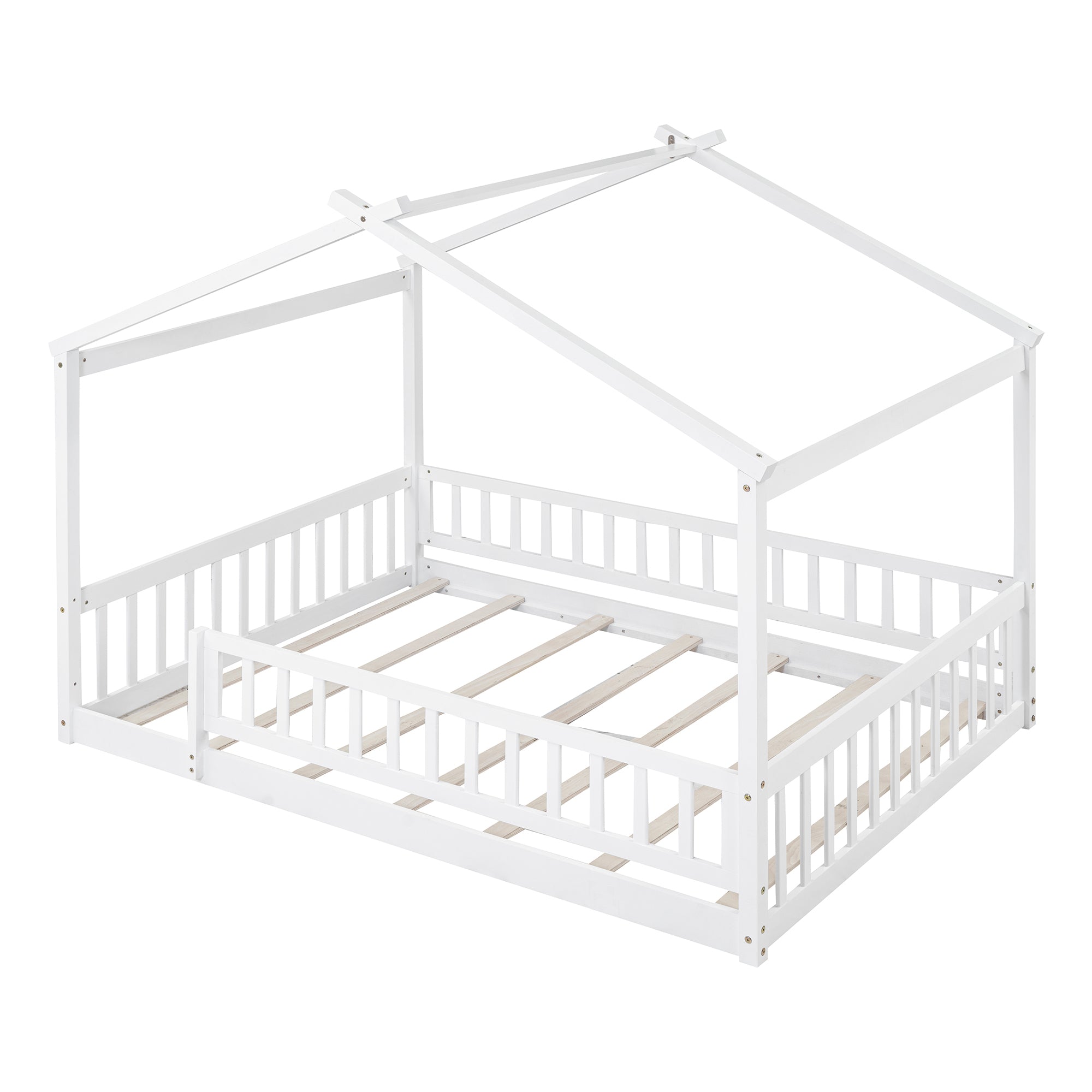 Wood Bed House Bed Frame with Fence, for Kids, Teens, Girls, Boys