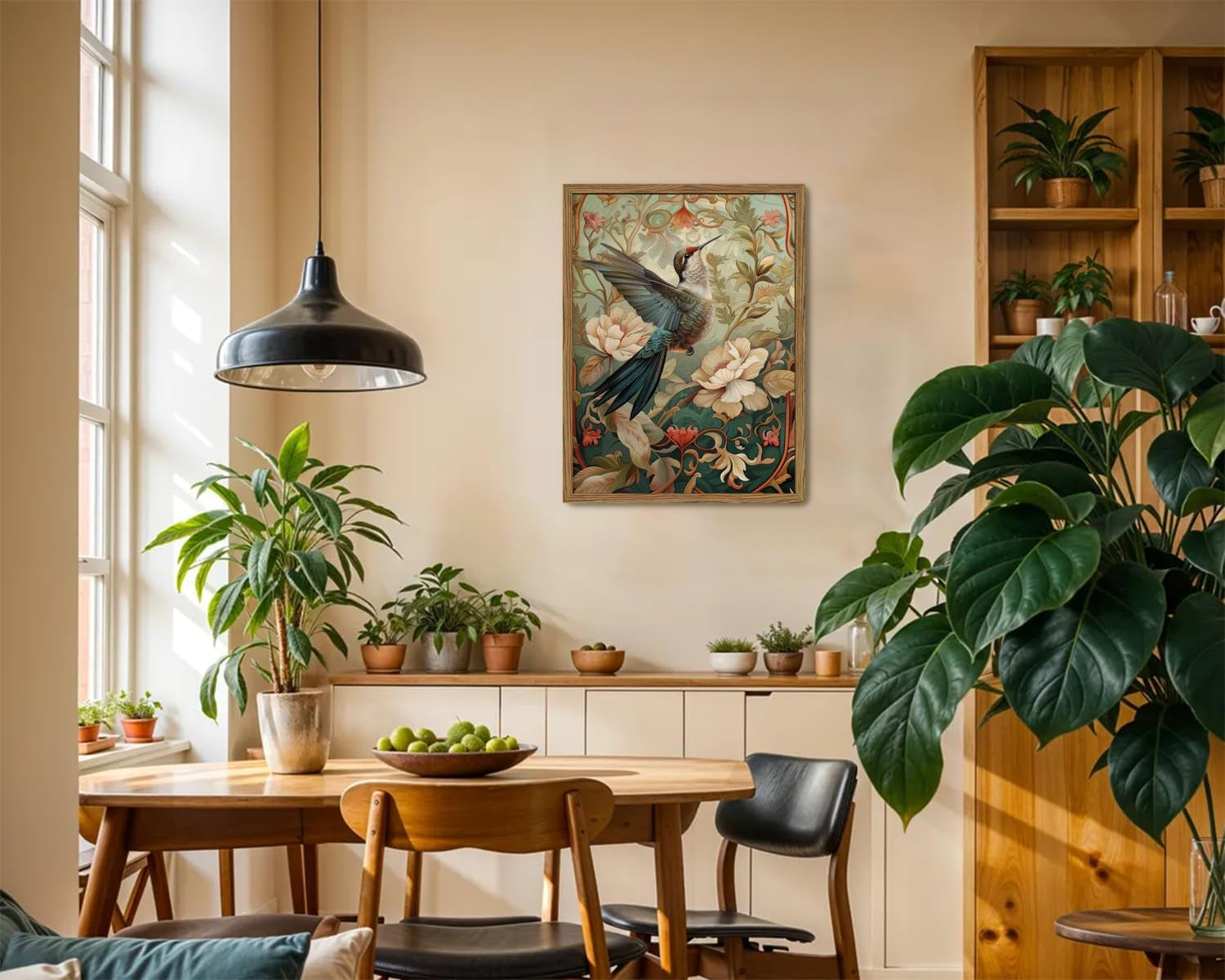 Modern dining room with wooden furniture, plants, and a decorative painting on the wall.