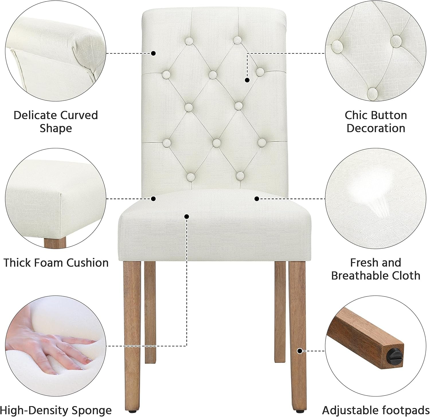 White upholstered chair with features highlighted on a white background