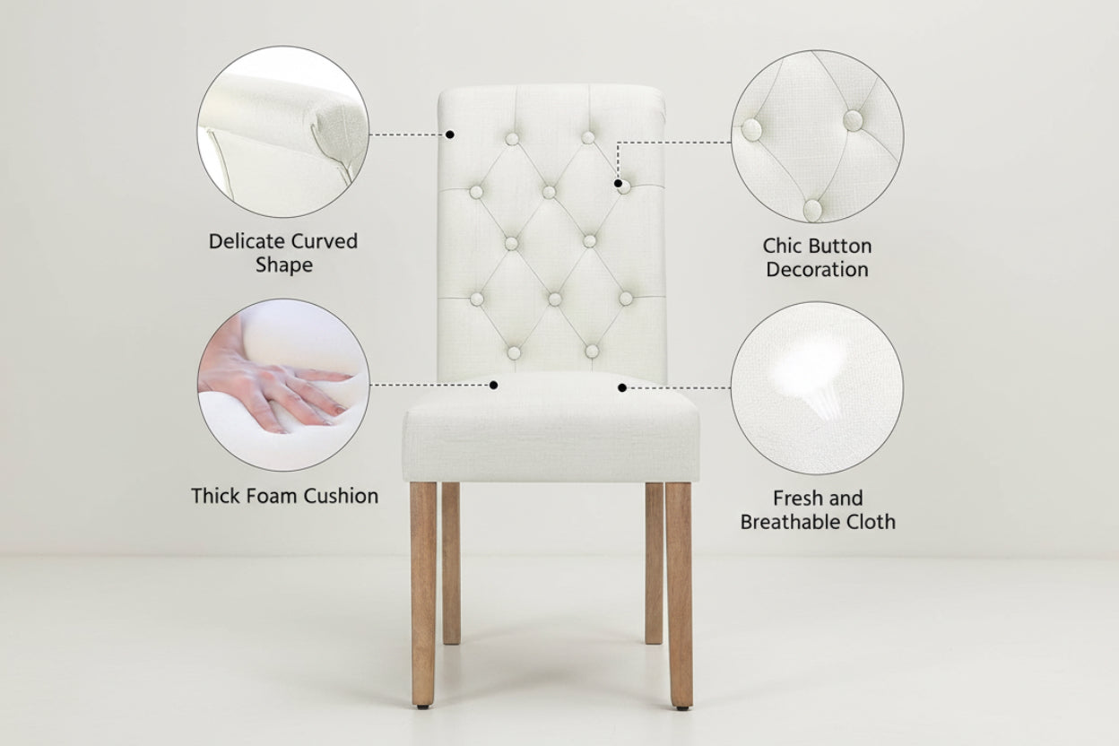 White upholstered chair with features highlighted on a white background