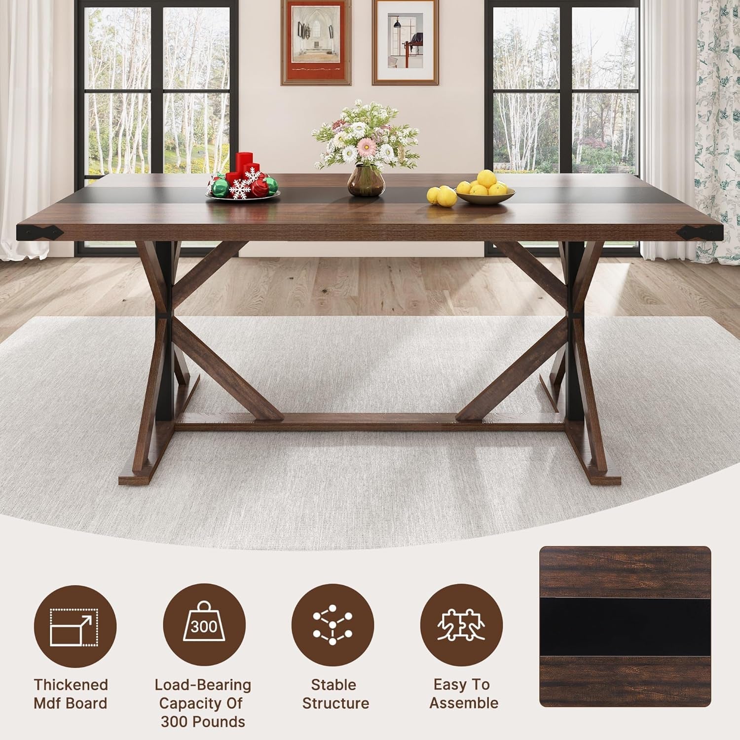 Wooden dining table in a room with decor elements, featuring text and icons about table features.
