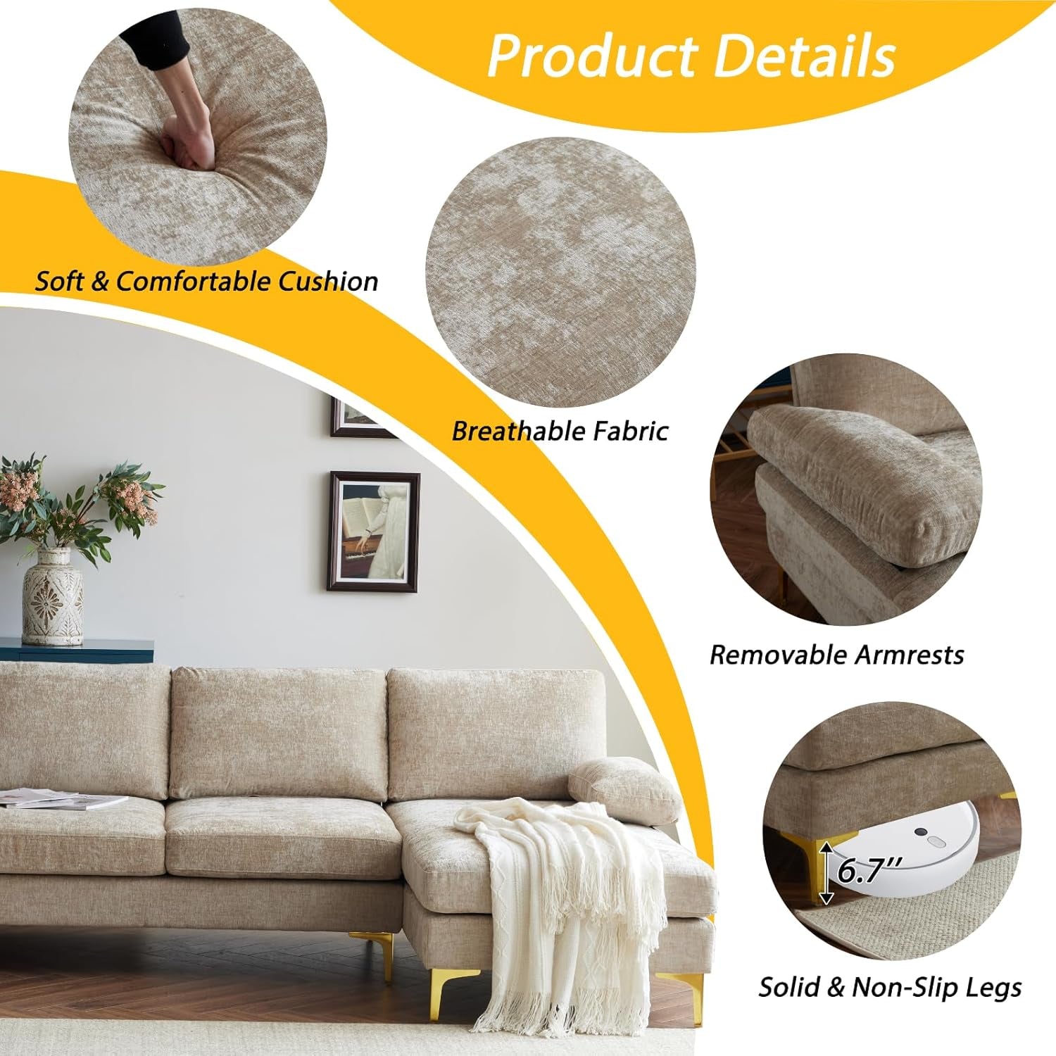 Convertible Sectional Sofa 110 Inch Camel U Shape-3