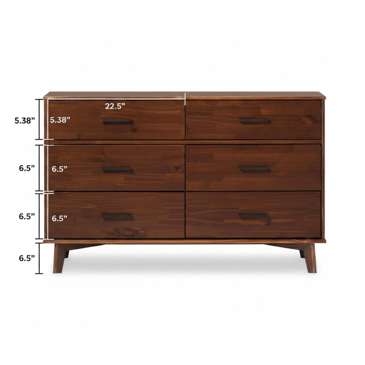 Wooden dresser with six drawers and dimensions labeled on a white background