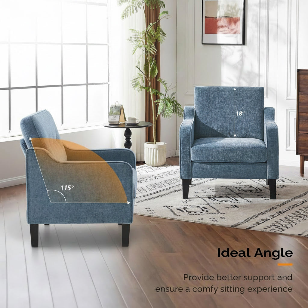 Woman sitting on a blue armchair with 'VINGLI' branding, emphasizing comfort and support.