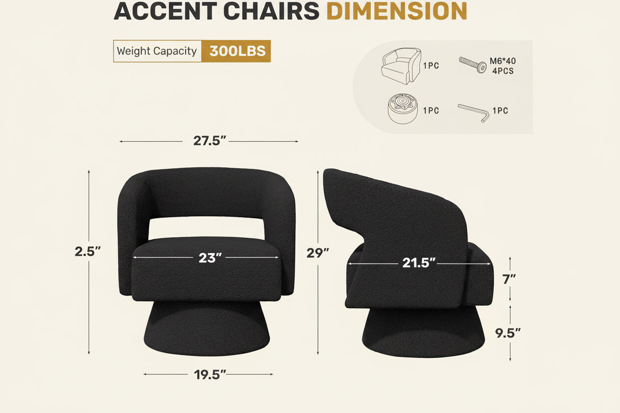 Dimensions of accent chairs with weight capacity and assembly instructions.