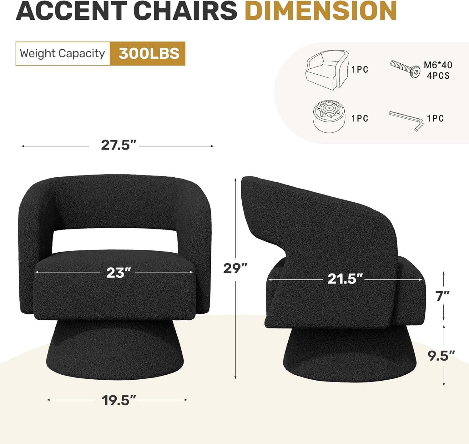 Dimensions of accent chairs with weight capacity and assembly instructions.