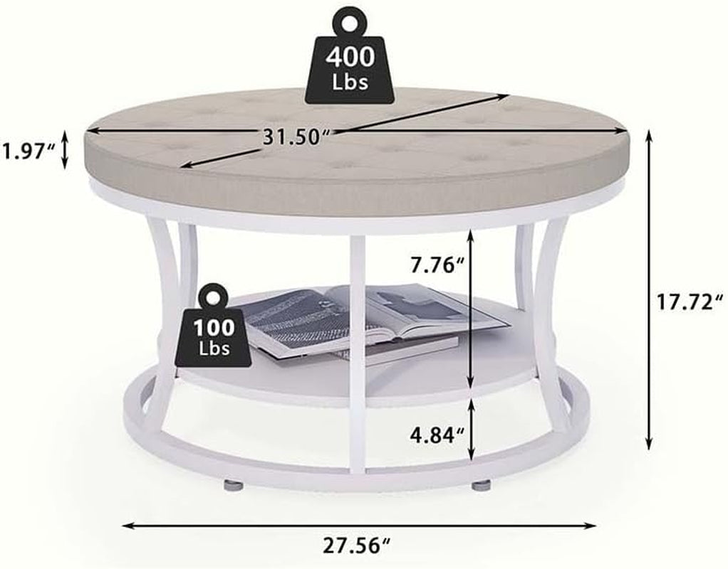 Round coffee table with dimensions and weight capacity indicators on a white background