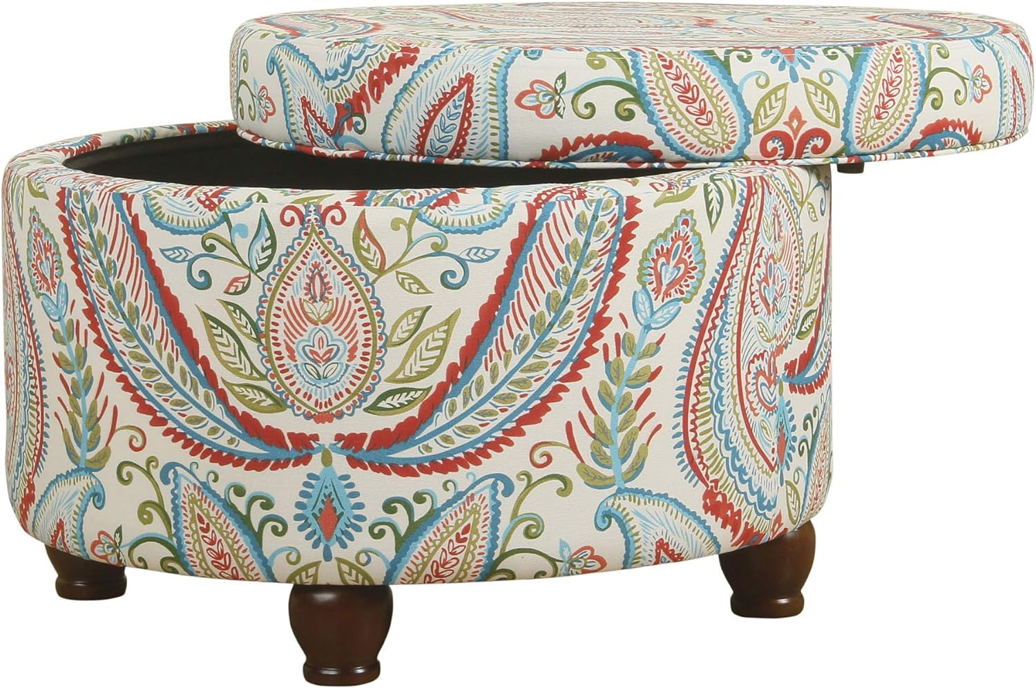 Patterned storage ottoman with a matching lid on a white background