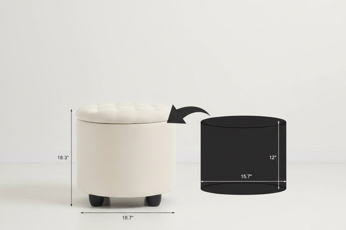 Measurement chart comparing a beige ottoman and a black cylindrical object with dimensions.
