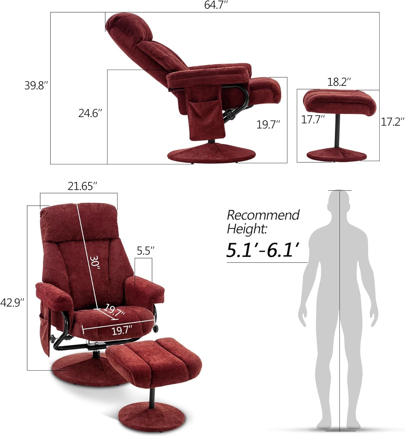 Red recliner chair with ottoman and measurements, including a human figure for scale.
