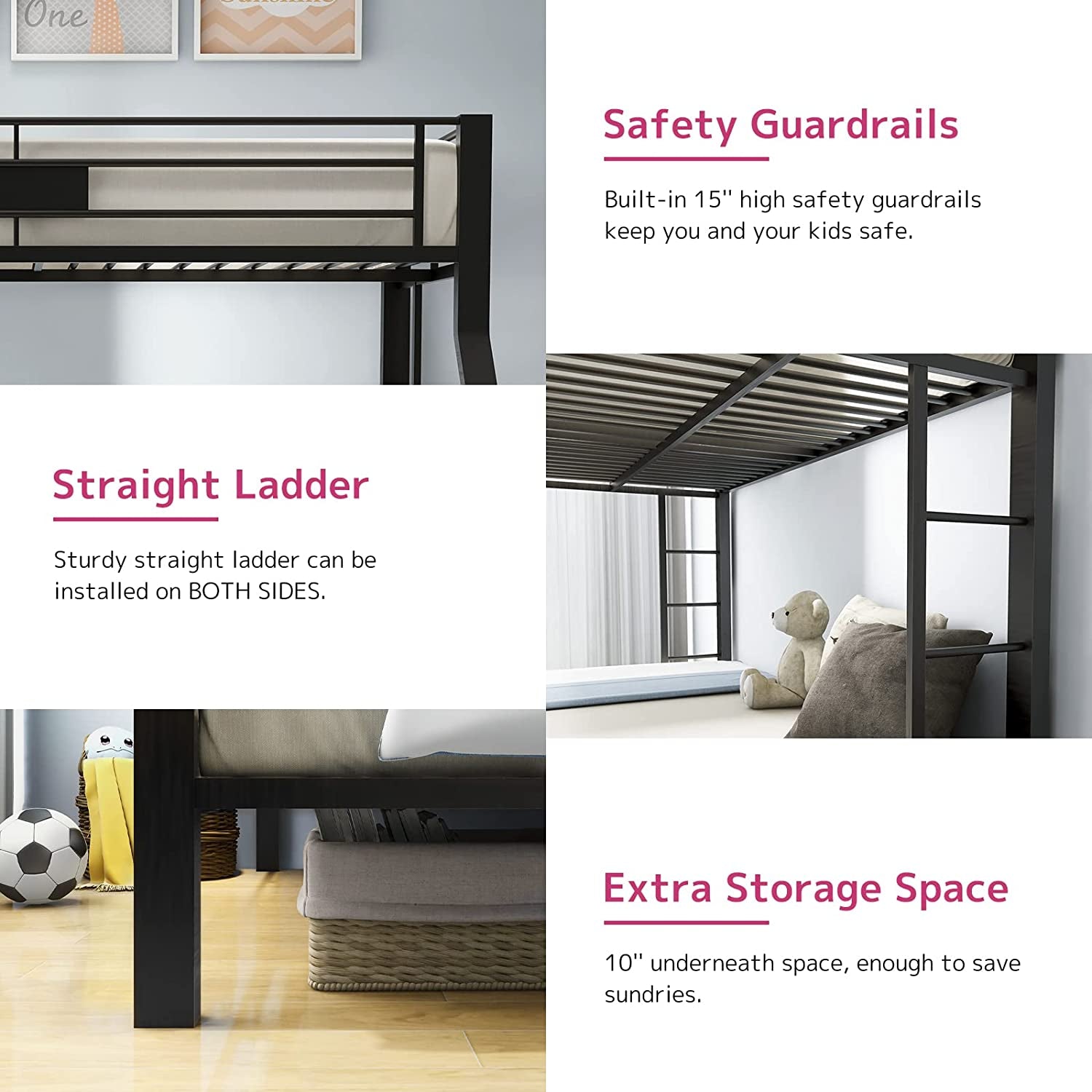 Bunk bed with safety guardrails, straight ladder, and extra storage space in a bedroom setting.