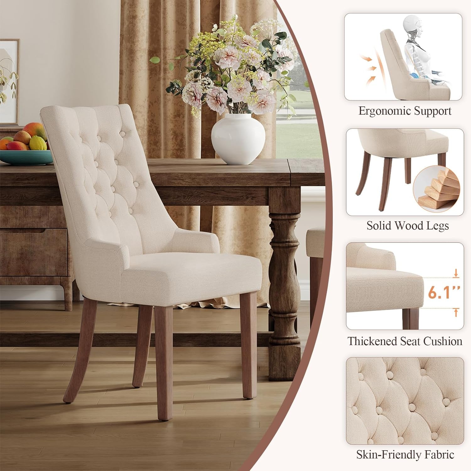 Beige upholstered chair with wooden legs in a dining room setting, featuring text on product features.