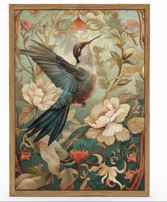 Decorative tapestry of a hummingbird and flowers on a tiled floor with plants and a basket.
