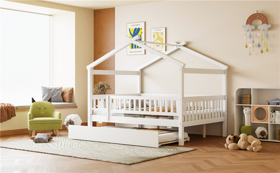 Full Size Wooden House Bed with Twin Size Trundle