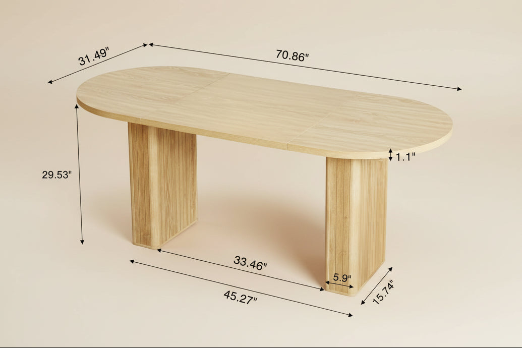 Wooden table with dimensions and weight capacity label on a white background