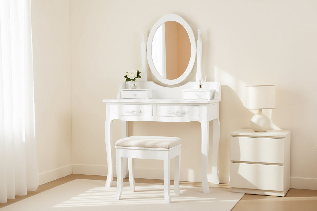 White vanity table with mirror and stool against a peach wall.