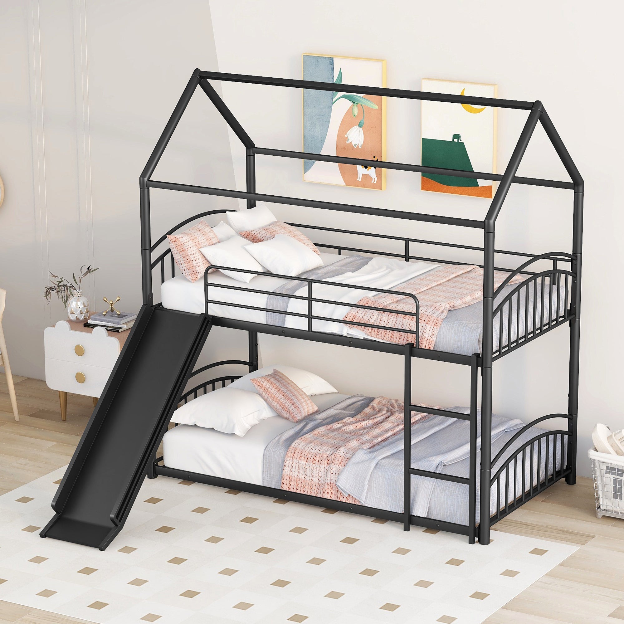Twin Over Twin Metal Bunk Bed With Slide, Kids House Bed