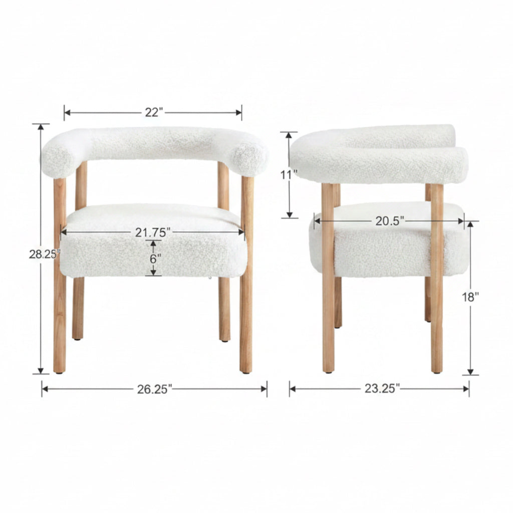 Two white stools with wooden legs and measurements displayed.