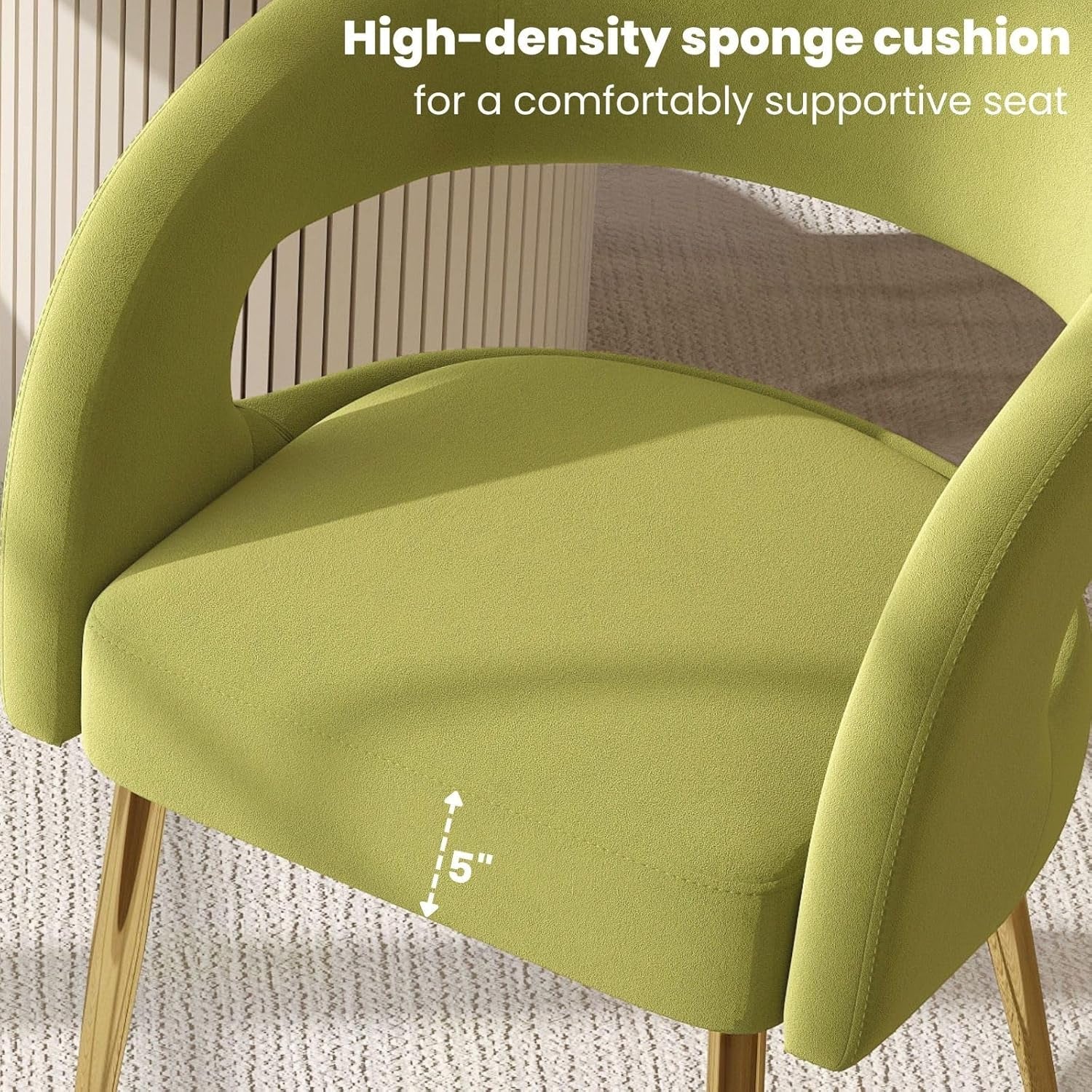 Green chair with a high-density sponge cushion labeled for comfort.