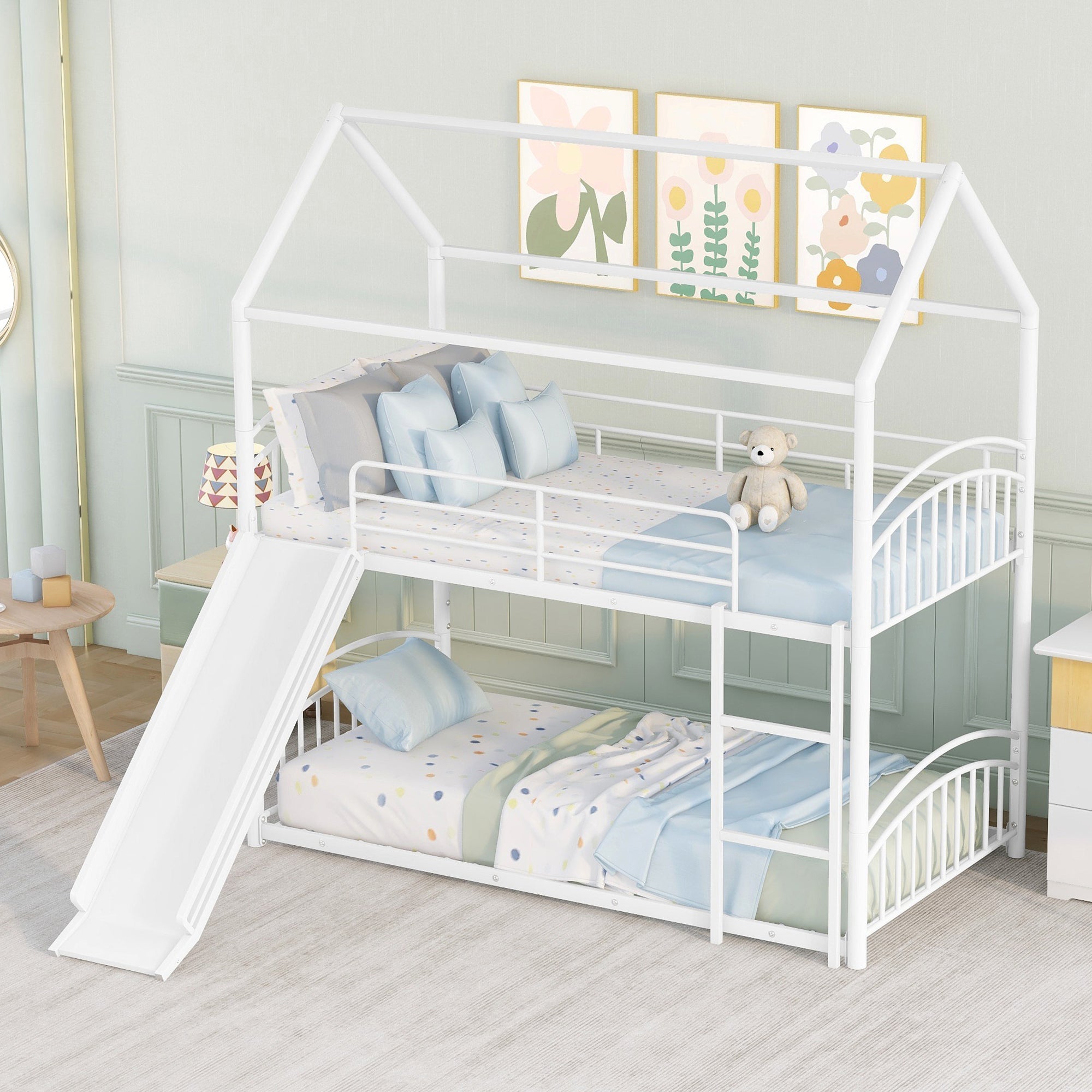Twin Over Twin Metal Bunk Bed With Slide, Kids House Bed