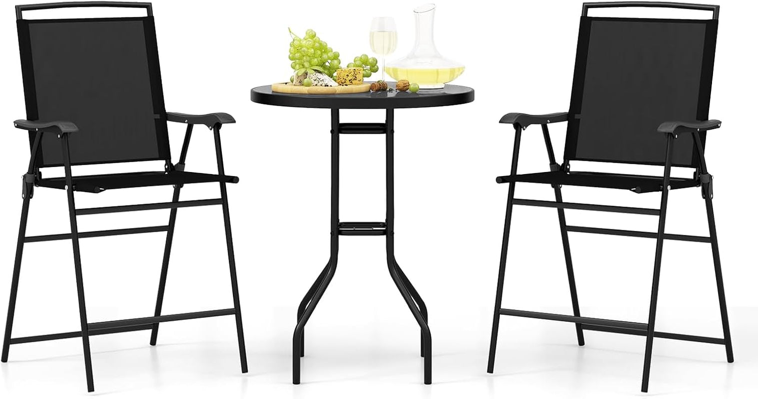 3 PCS Patio Table and Chairs Set, Bistro Furniture with DPC Tabletop, Umbrella Hole, Outdoor Bar Set with round Table and 2 Folding Counter Height Chairs for Poolside, Deck, Porch, Black-0